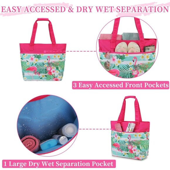 Women's Hot Pink Flamingo Large Lightweight Zipper Travel Totes Separation Bags - Picture 5 of 7